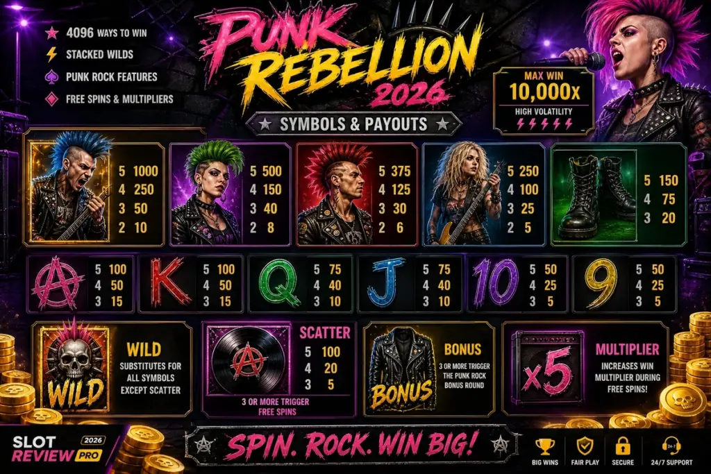 Punk Rocker 3 Symbole i Wypłaty — Paytable
